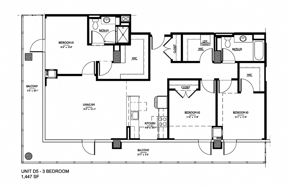 Floor plan for 3 beds, 2 baths, 1447 sqft